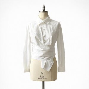 Tory Burch White Cotton Button-Up Collared Wrap Blouse